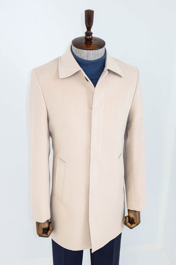 WSS Plain Hidden Button Beige Men Coat  - East Lansing