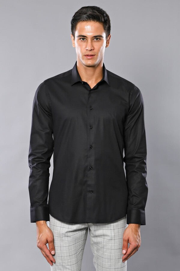 WSS Plain Slim Fit Black Men Shirt  - Plainfield