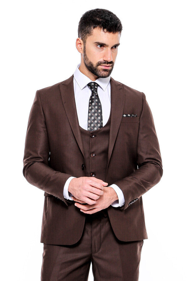 WSS Plain Slim Fit Brown Men Suit  - Houma