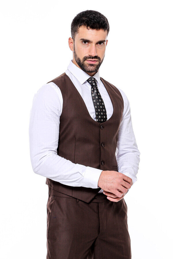 WSS Plain Slim Fit Brown Men Suit  - Houma