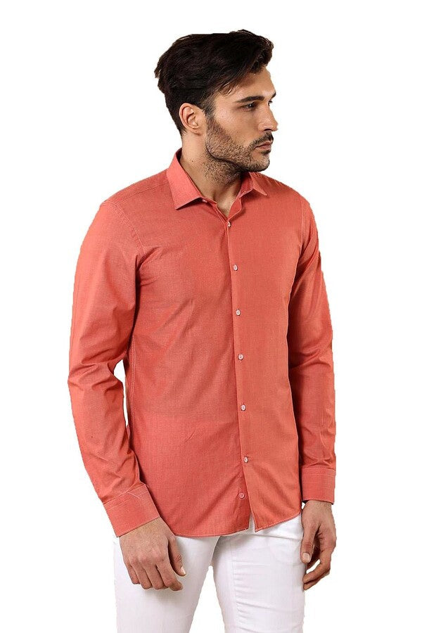 WSS Plain Slim Fit Long Sleeves Salmon Color Men Shirt  - Valencia