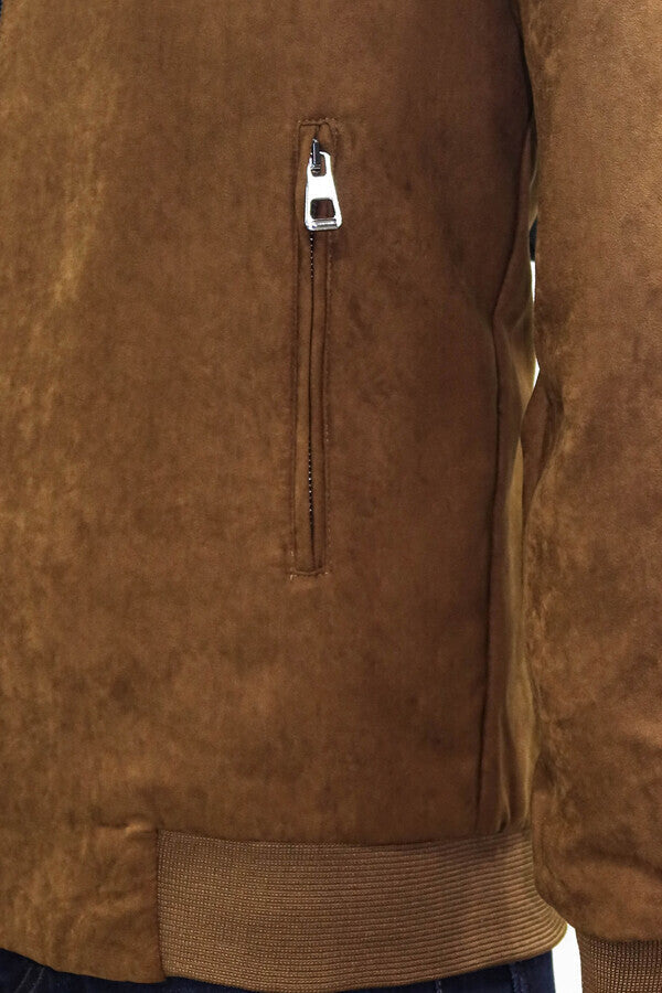 WSS Plain Zippered Pockets Brown Men Bomber Coat  - Council Bluffs