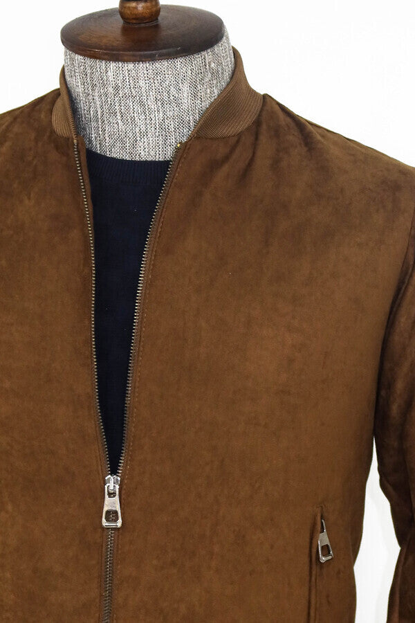 WSS Plain Zippered Pockets Brown Men Bomber Coat  - Council Bluffs