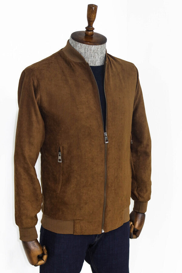 WSS Plain Zippered Pockets Brown Men Bomber Coat  - Council Bluffs