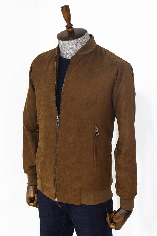 WSS Plain Zippered Pockets Brown Men Bomber Coat  - Council Bluffs