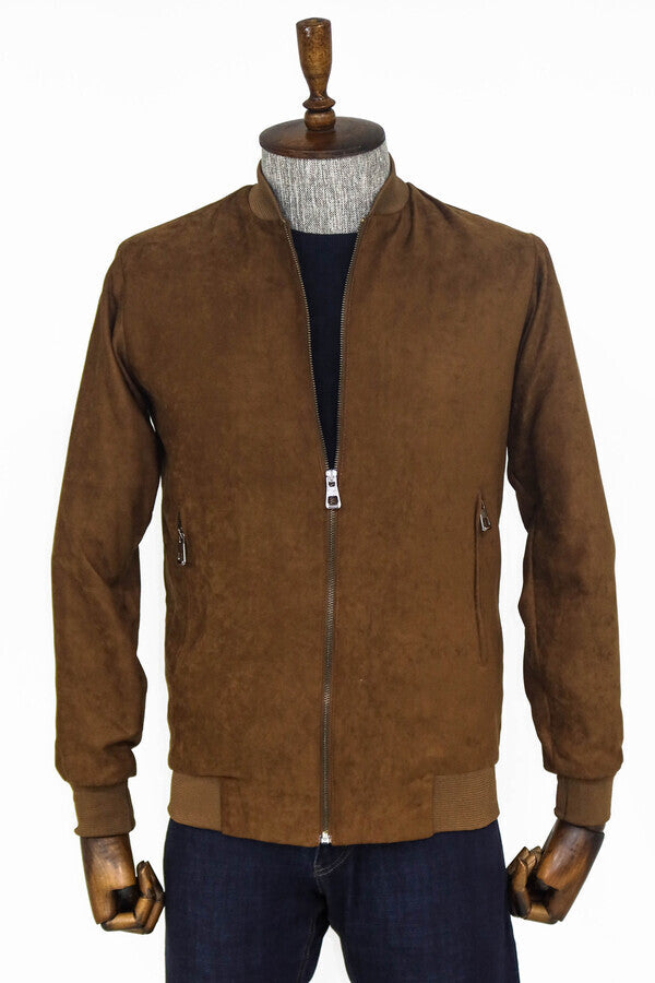 WSS Plain Zippered Pockets Brown Men Bomber Coat  - Council Bluffs