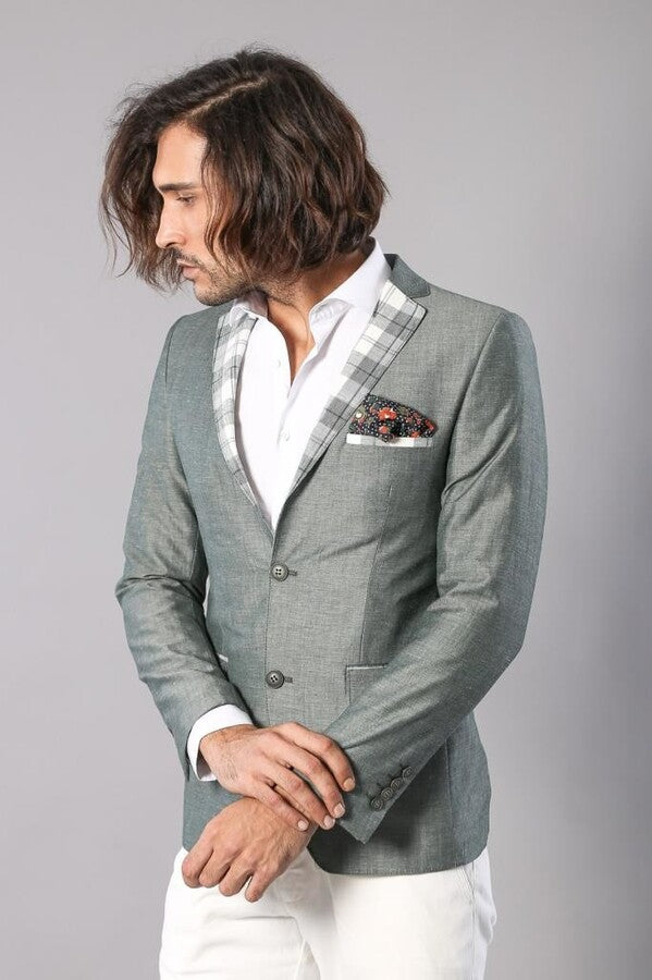 WSS Pocket and Collar Plaid Mens Linnen Blazer  - Figueras