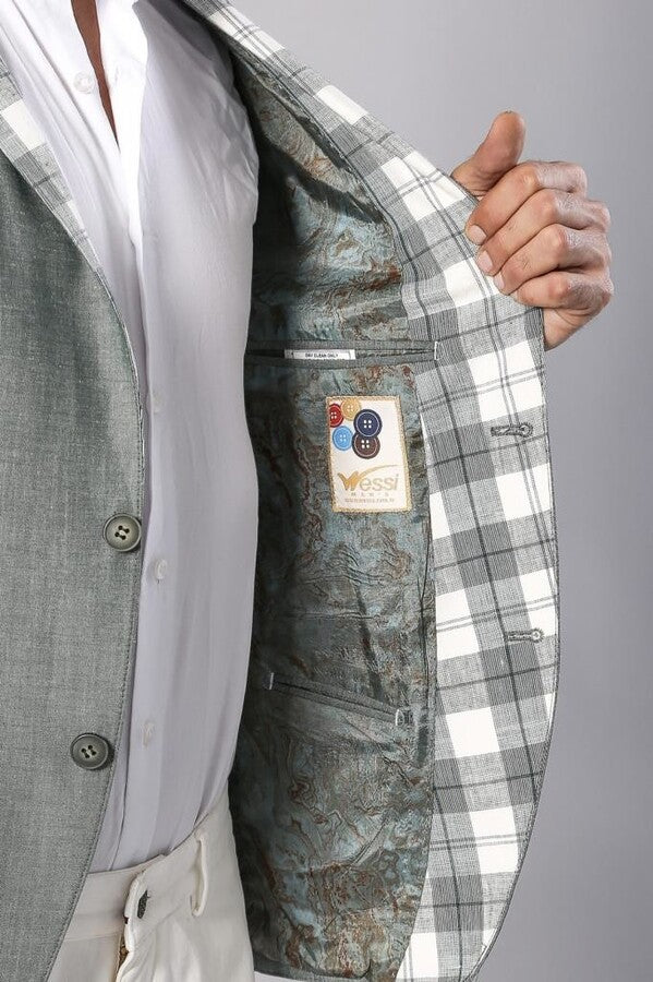 WSS Pocket and Collar Plaid Mens Linnen Blazer  - Figueras