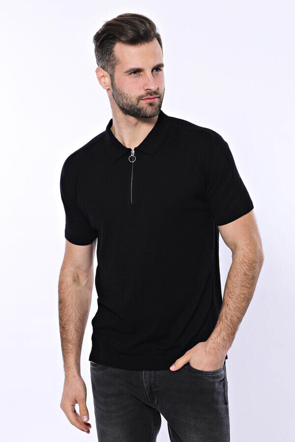 WSS Polo Neck Plain Black Knitted T-Shirt  - Willenhall