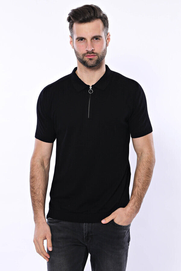 WSS Polo Neck Plain Black Knitted T-Shirt  - Willenhall