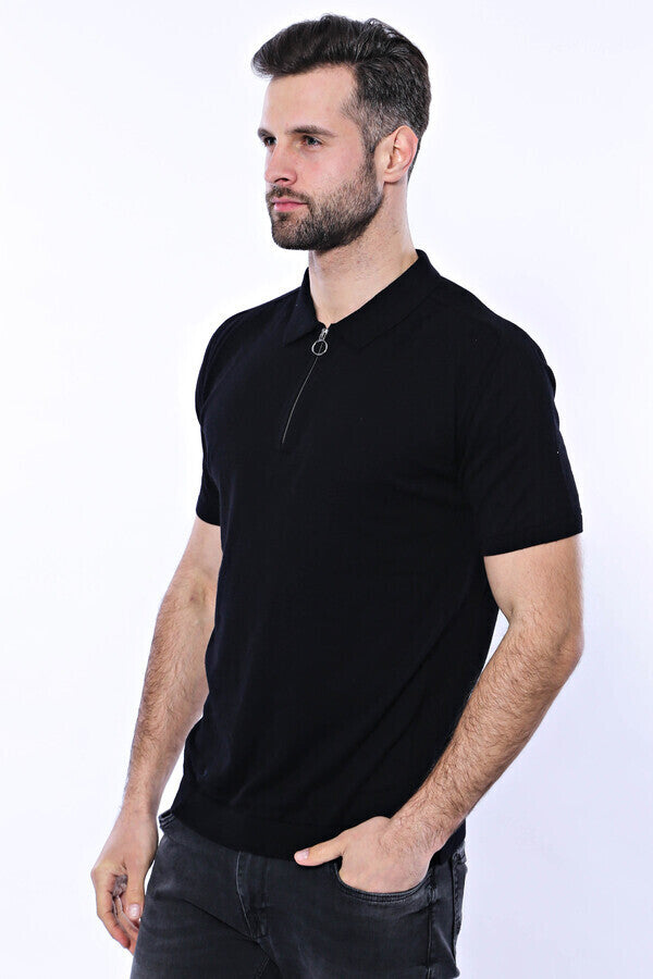 WSS Polo Neck Plain Black Knitted T-Shirt  - Willenhall