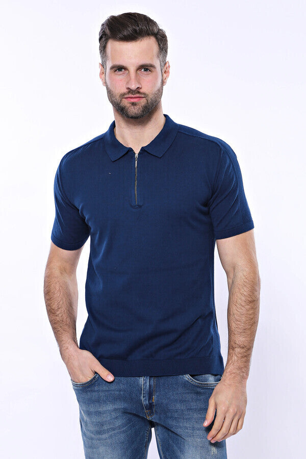 WSS Polo Neck Plain Blue Knitted T-Shirt  - Milpitas
