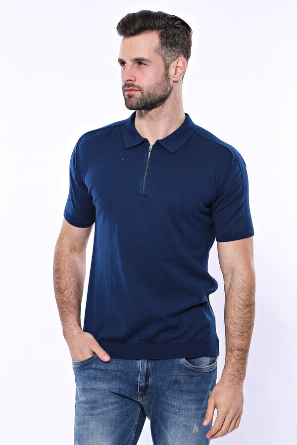 WSS Polo Neck Plain Blue Knitted T-Shirt  - Milpitas