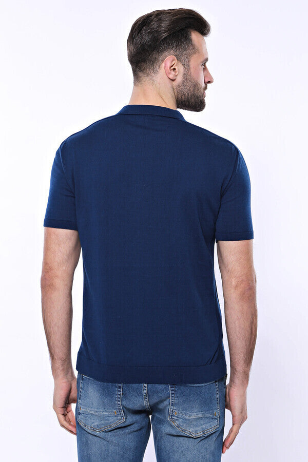 WSS Polo Neck Plain Blue Knitted T-Shirt  - Milpitas