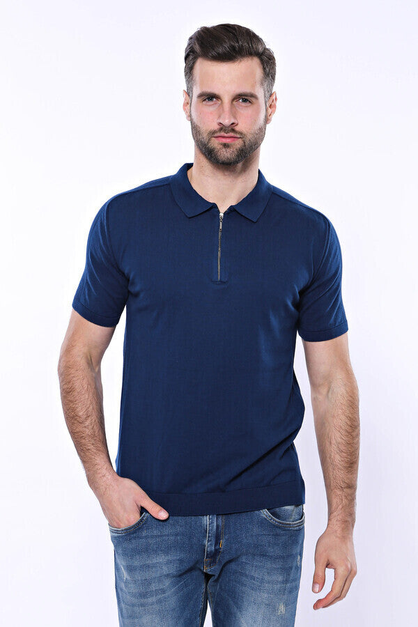 WSS Polo Neck Plain Blue Knitted T-Shirt  - Milpitas