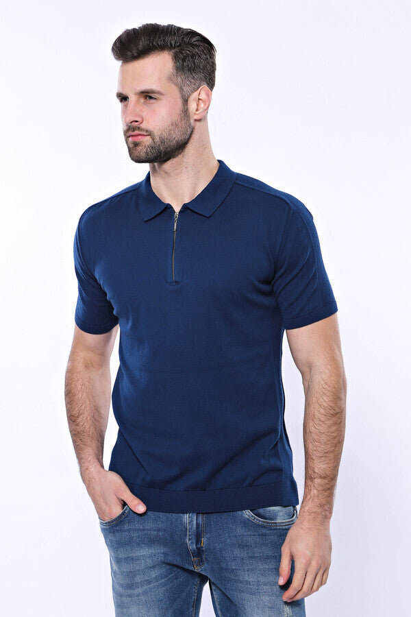 WSS Polo Neck Plain Blue Knitted T-Shirt  - Milpitas