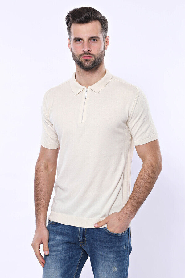 WSS Polo Neck Plain Cream Knitted T-Shirt  - Lawrence