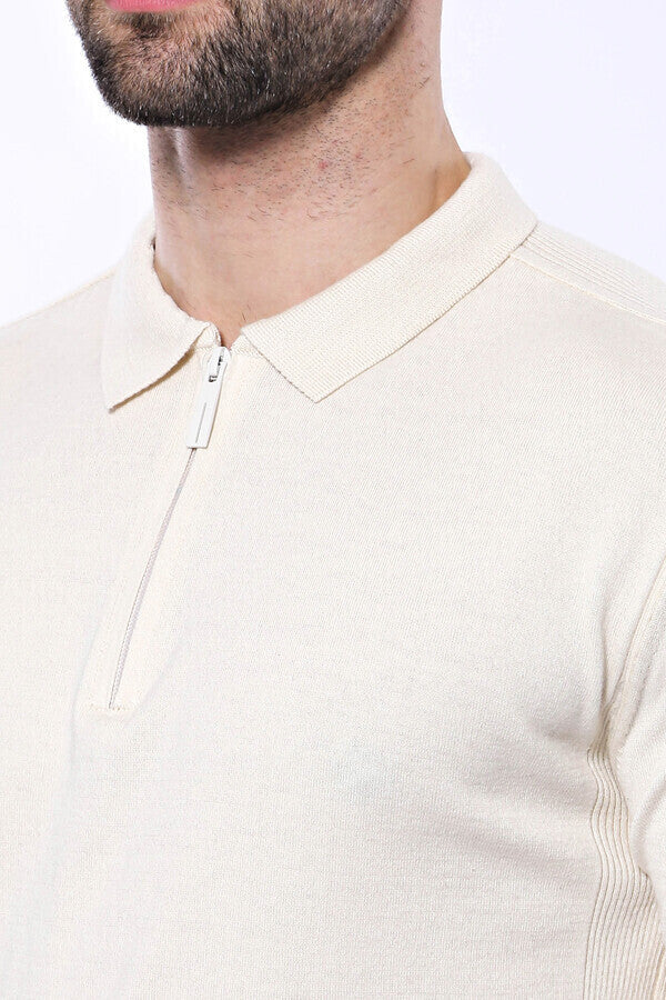 WSS Polo Neck Plain Cream Knitted T-Shirt  - Lawrence