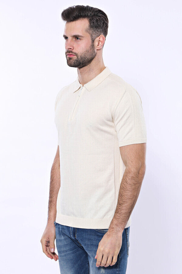 WSS Polo Neck Plain Cream Knitted T-Shirt  - Lawrence