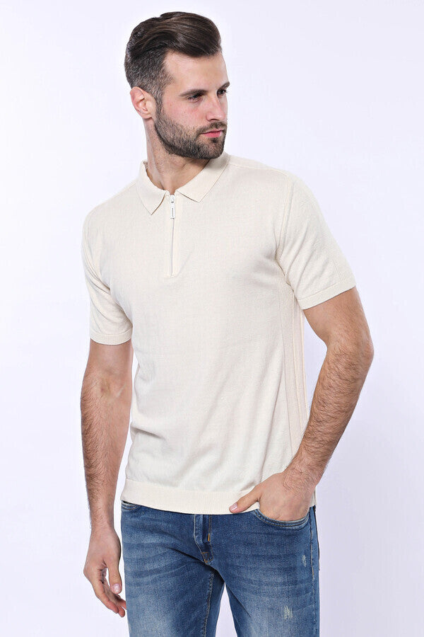 WSS Polo Neck Plain Cream Knitted T-Shirt  - Lawrence