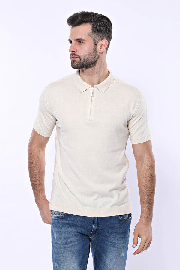 WSS Polo Neck Plain Cream Knitted T-Shirt  - Lawrence