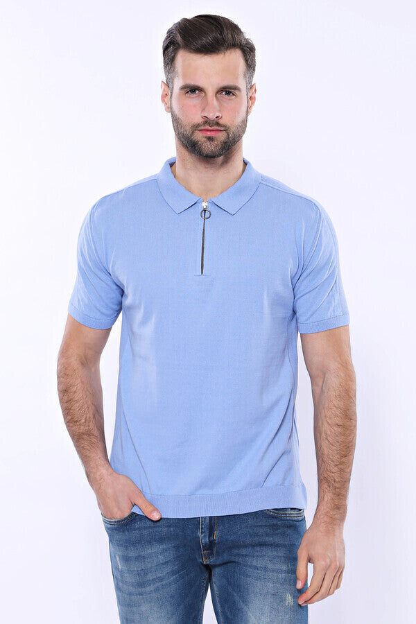 WSS Polo Neck Plain Sky Blue Knitted T-Shirt  - Bendigo