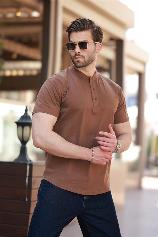 MDX Brown Short Sleeve T-Shirt with Button Detail 7021 - Jáltipan de Morelos