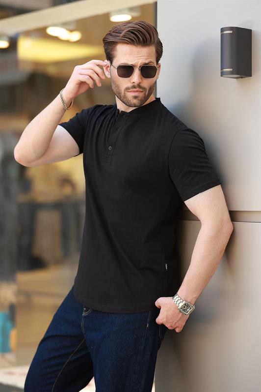 MDX Black Judge Collar Button Detailed Short Sleeve T-Shirt 7021 - Brussels