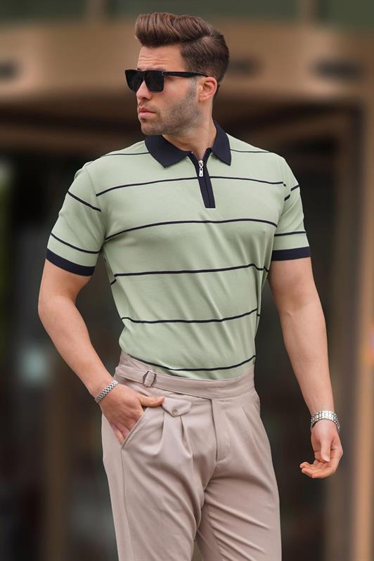 MDX Unripe Green Striped Polo Collar Zippered T-shirt 6898 - Gap