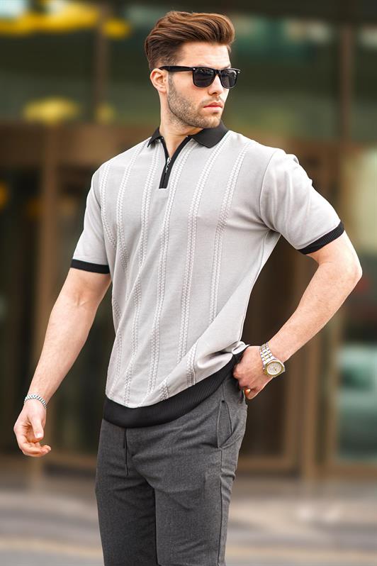 MDX Gray Zipper Detailed Polo Neck Men's T-shirt 6874 - Rodgau