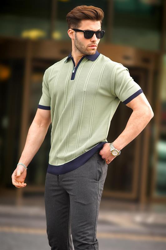 MDX Unripe Green Zipper Detailed Polo Neck Men's T-shirt 6874 - Belluno