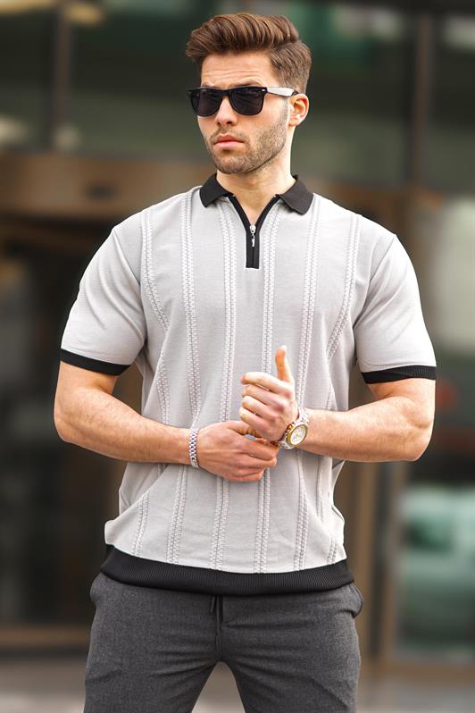 MDX Gray Zipper Detailed Polo Neck Men's T-shirt 6874 - Rodgau