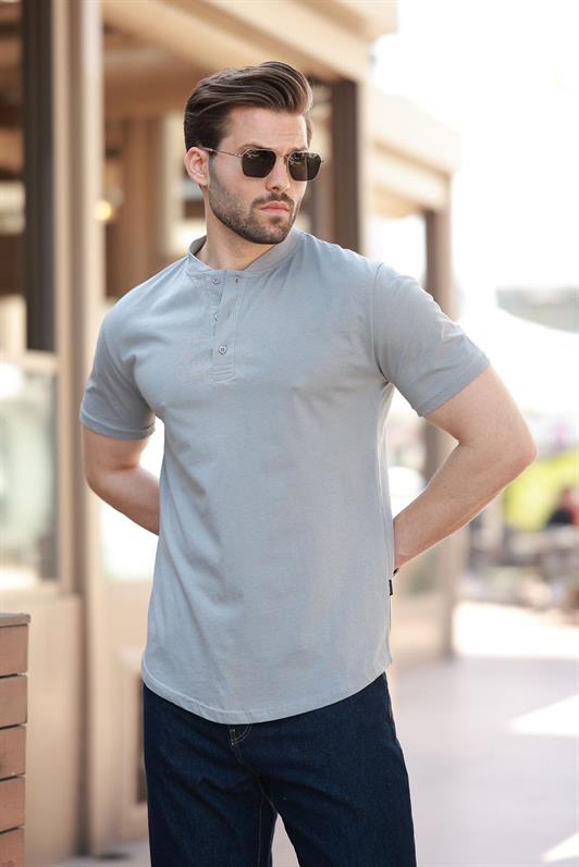 MDX Painted Gray Judge Collar Button Detailed Short Sleeve T-Shirt 7021 - Lorient