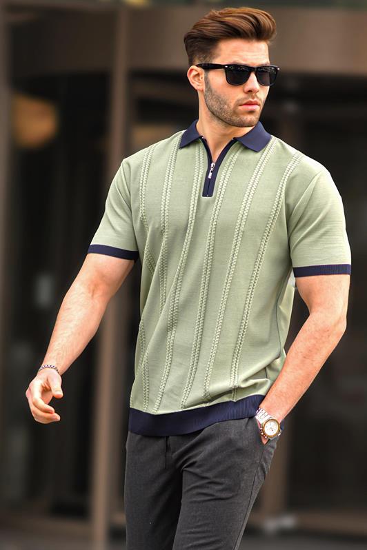MDX Unripe Green Zipper Detailed Polo Neck Men's T-shirt 6874 - Belluno