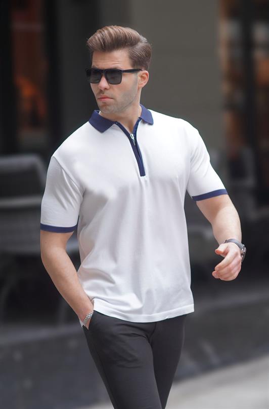 MDX White Zip Detail Polo Neck Men's T-shirt 6880 - Fulham