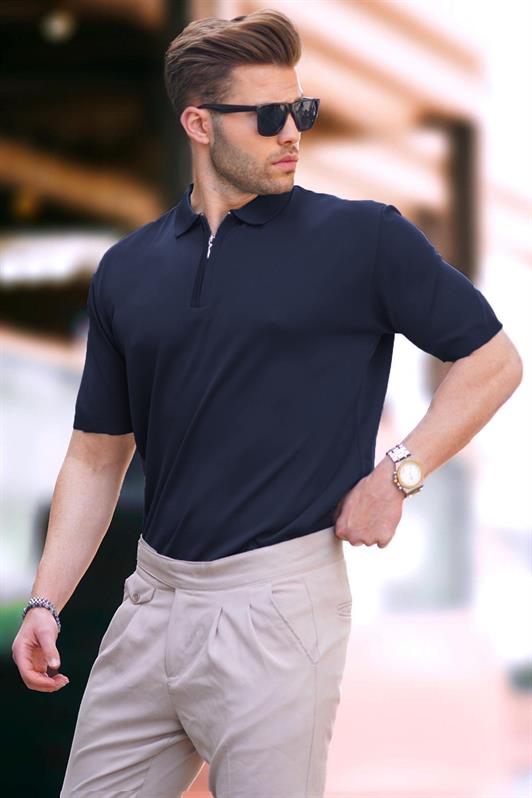 MDX Navy Blue Zipper Detail Polo Neck Knit T-Shirt 6885 - Brookfield