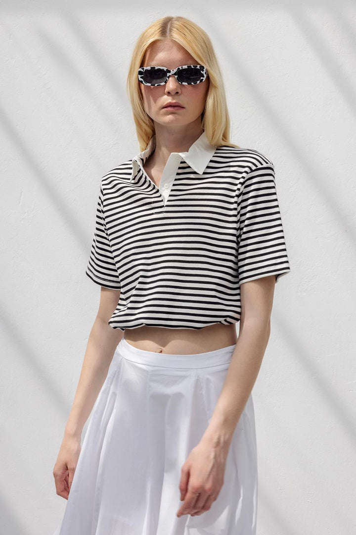 BSL Women Polo Neck Striped Balloon Tshirt - Estepona