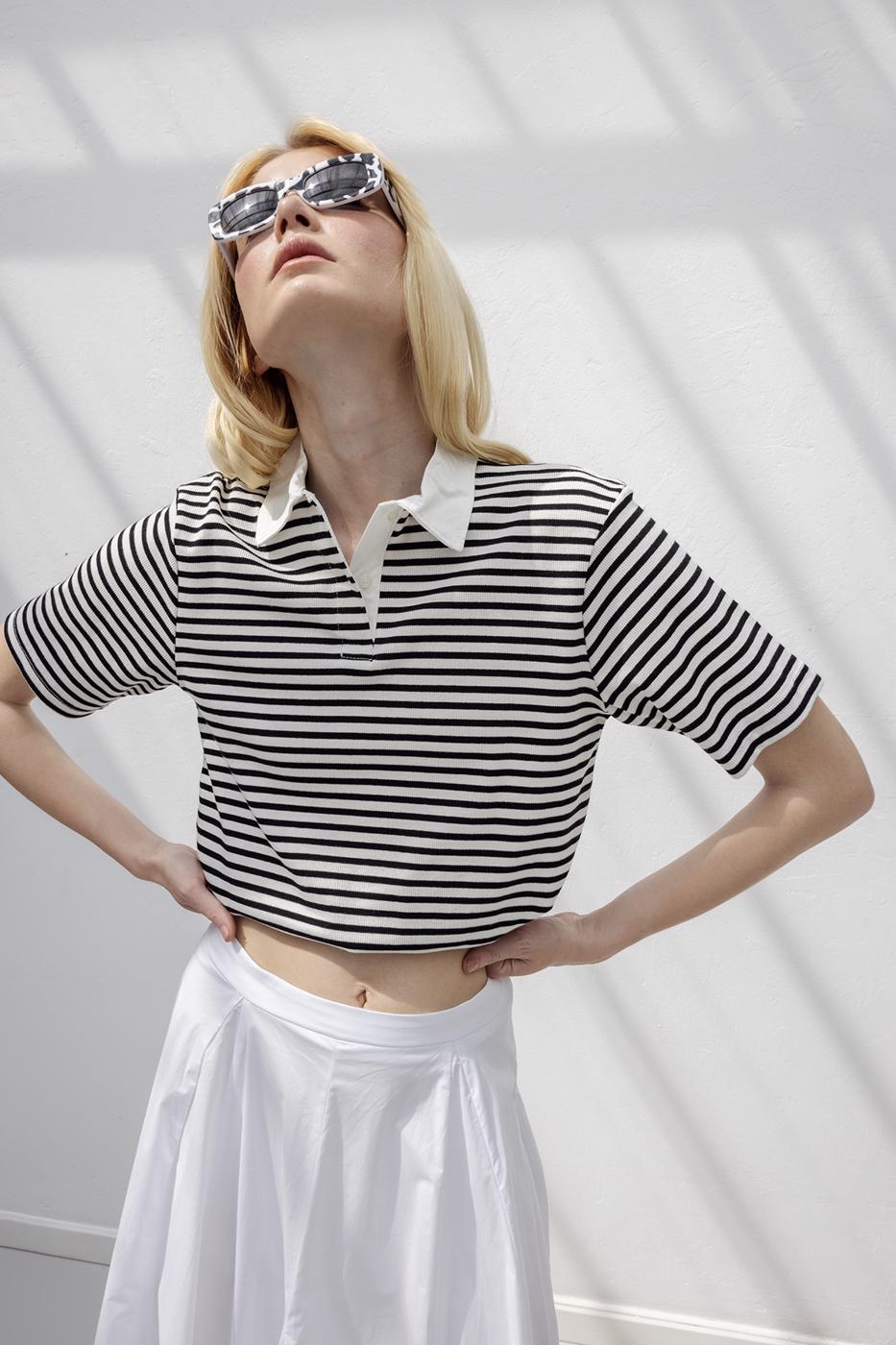 BSL Women Polo Neck Striped Balloon Tshirt - Chandler