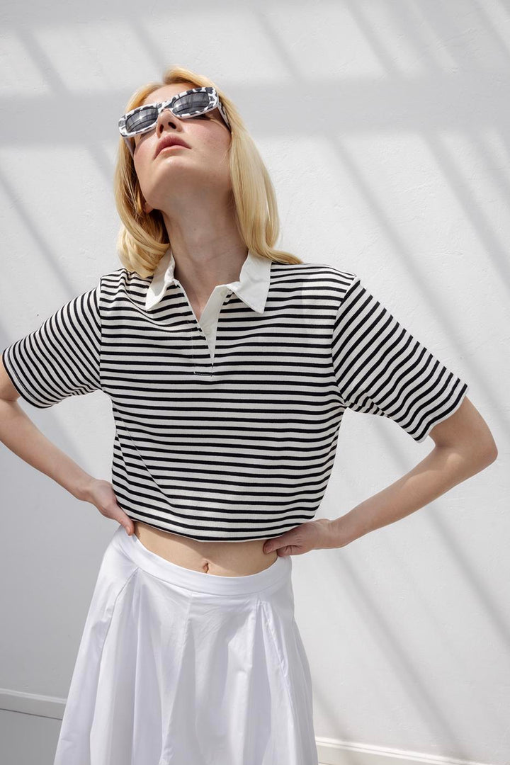 BSL Women Polo Neck Striped Balloon Tshirt - Chandler