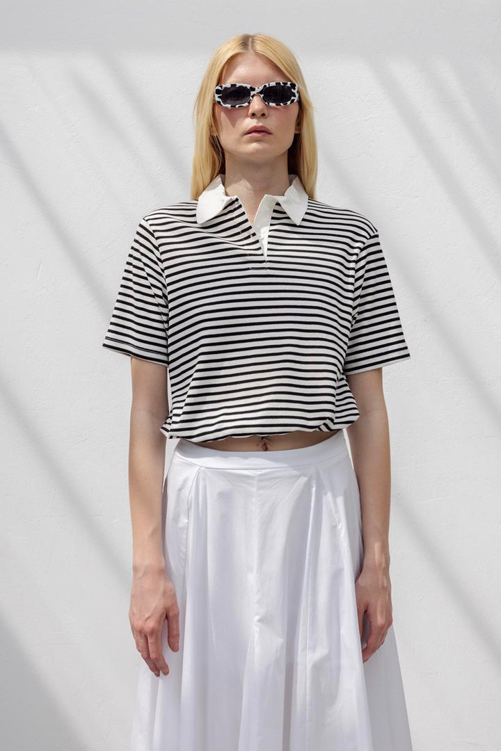 BSL Women Polo Neck Striped Balloon Tshirt - Chandler