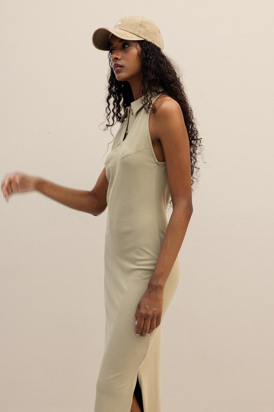 BSL Women Polo Collar Maxi Pique Dress - Pinto