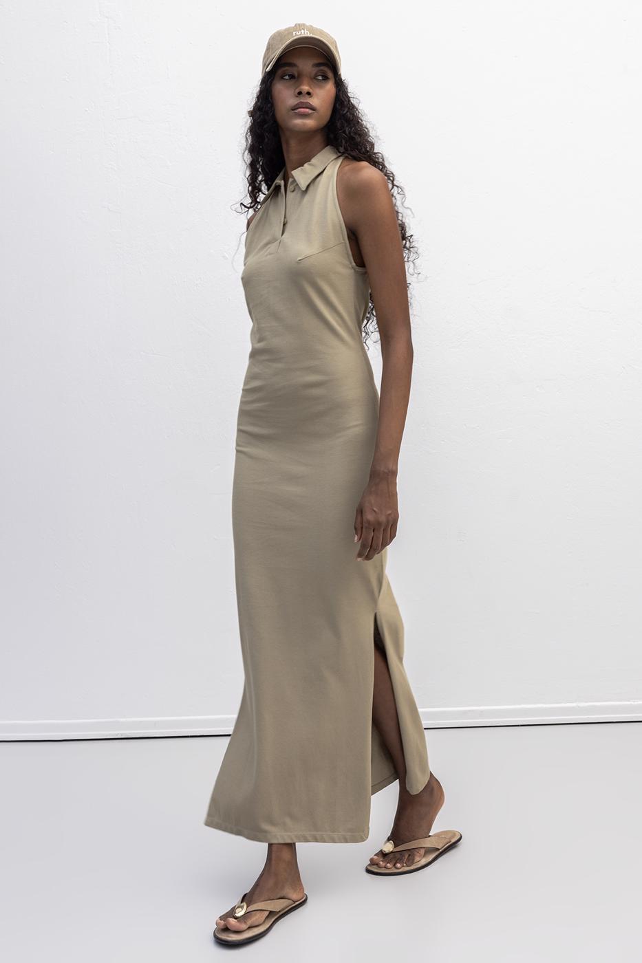 BSL Women Polo Collar Maxi Pique Dress - Pinto