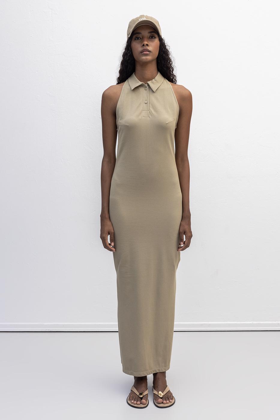 BSL Women Polo Collar Maxi Pique Dress - Pinto