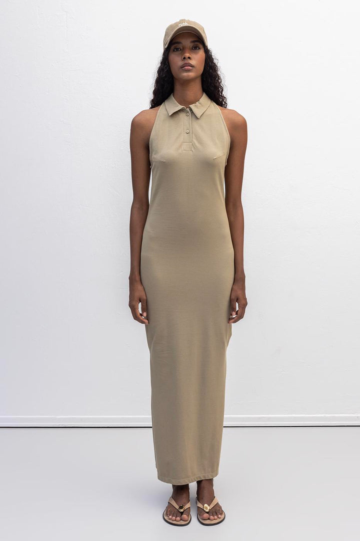BSL Women Polo Collar Maxi Pique Dress - Pinto
