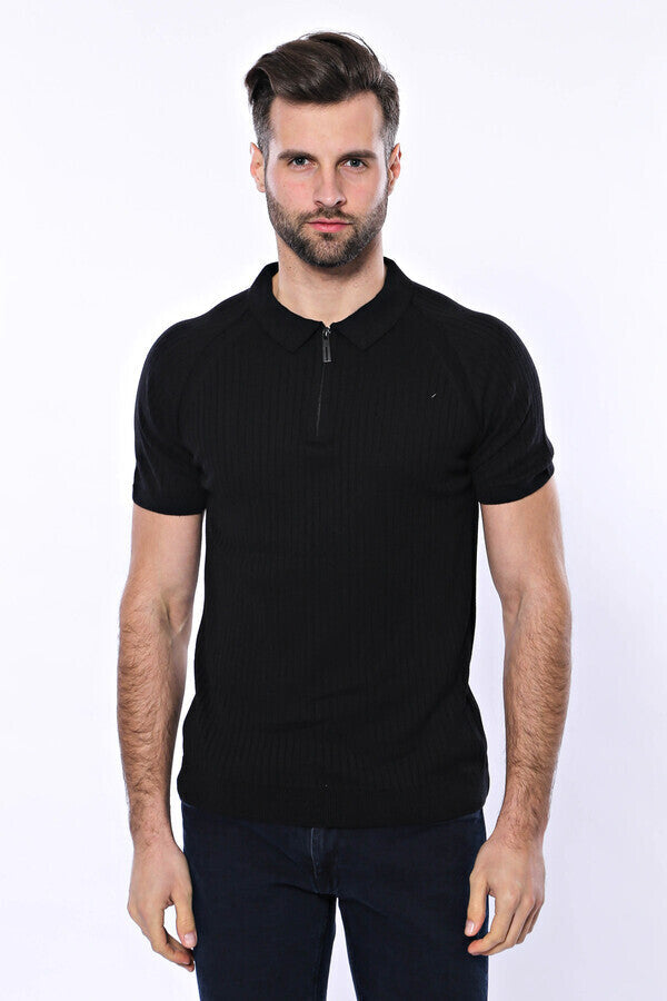 WSS Polo Zippered Patterned Black Knitted T-Shirt  - Singen