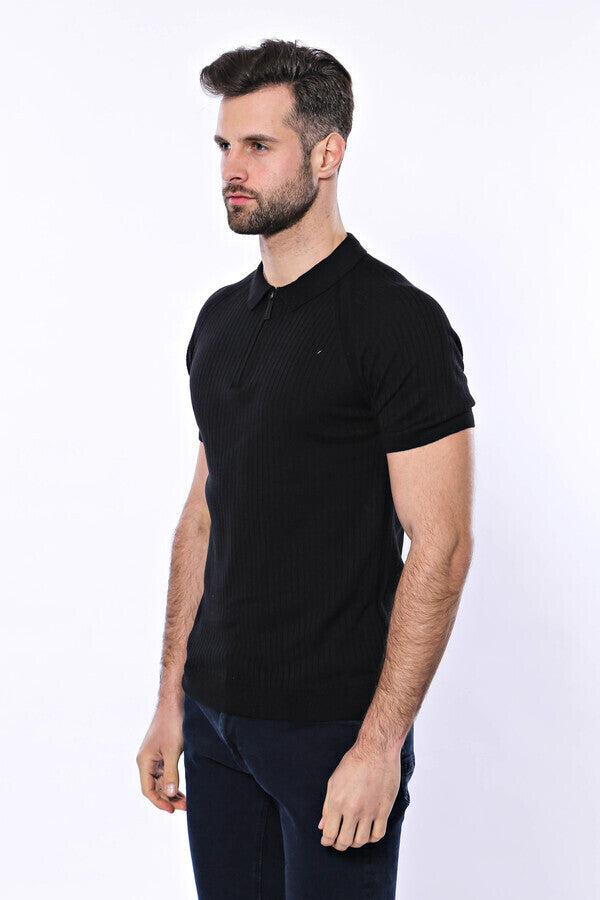 WSS Polo Zippered Patterned Black Knitted T-Shirt  - Bristol
