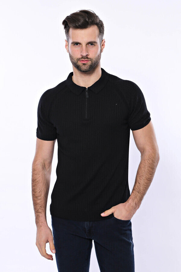 WSS Polo Zippered Patterned Black Knitted T-Shirt  - Bristol