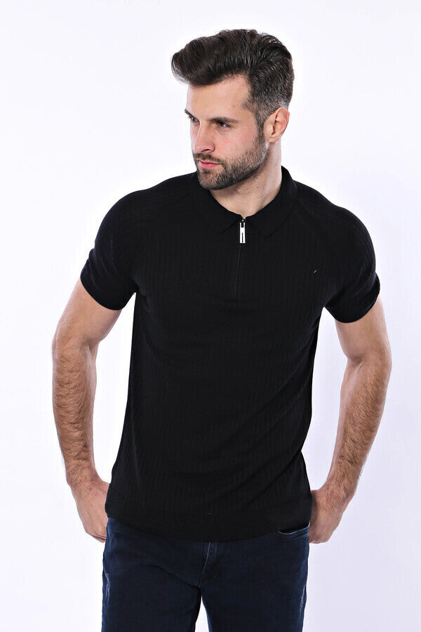 WSS Polo Zippered Patterned Black Knitted T-Shirt  - Bristol