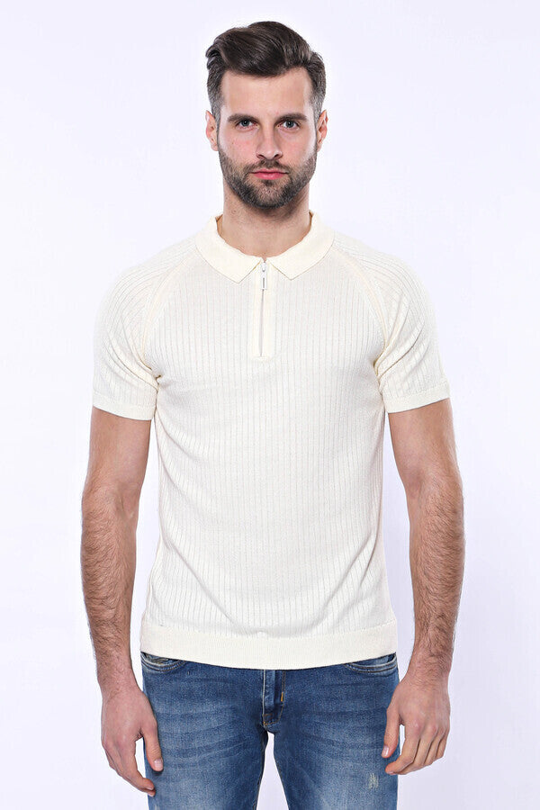 WSS Polo Zippered Patterned Cream Knitted T-Shirt  - Hagen