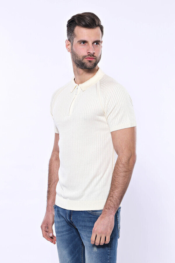 WSS Polo Zippered Patterned Cream Knitted T-Shirt  - Hagen